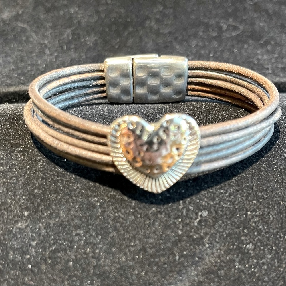 Leather Bracelet with Silver Heart and Magnetic Clasp